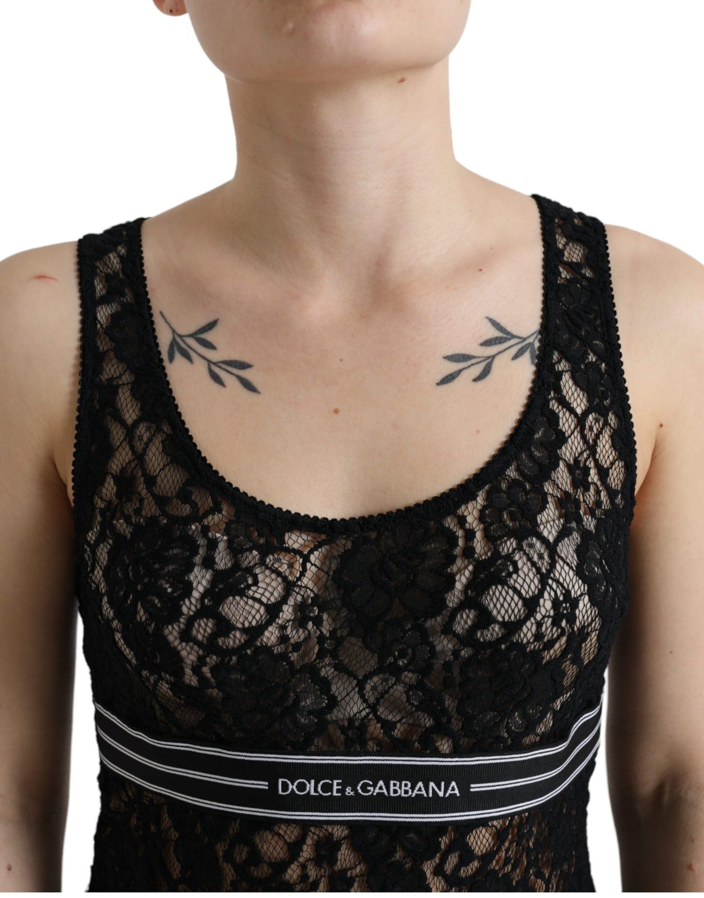 Dolce &amp; Gabbana Elegantes Spitzen-Tanktop mit Logo-Streifen