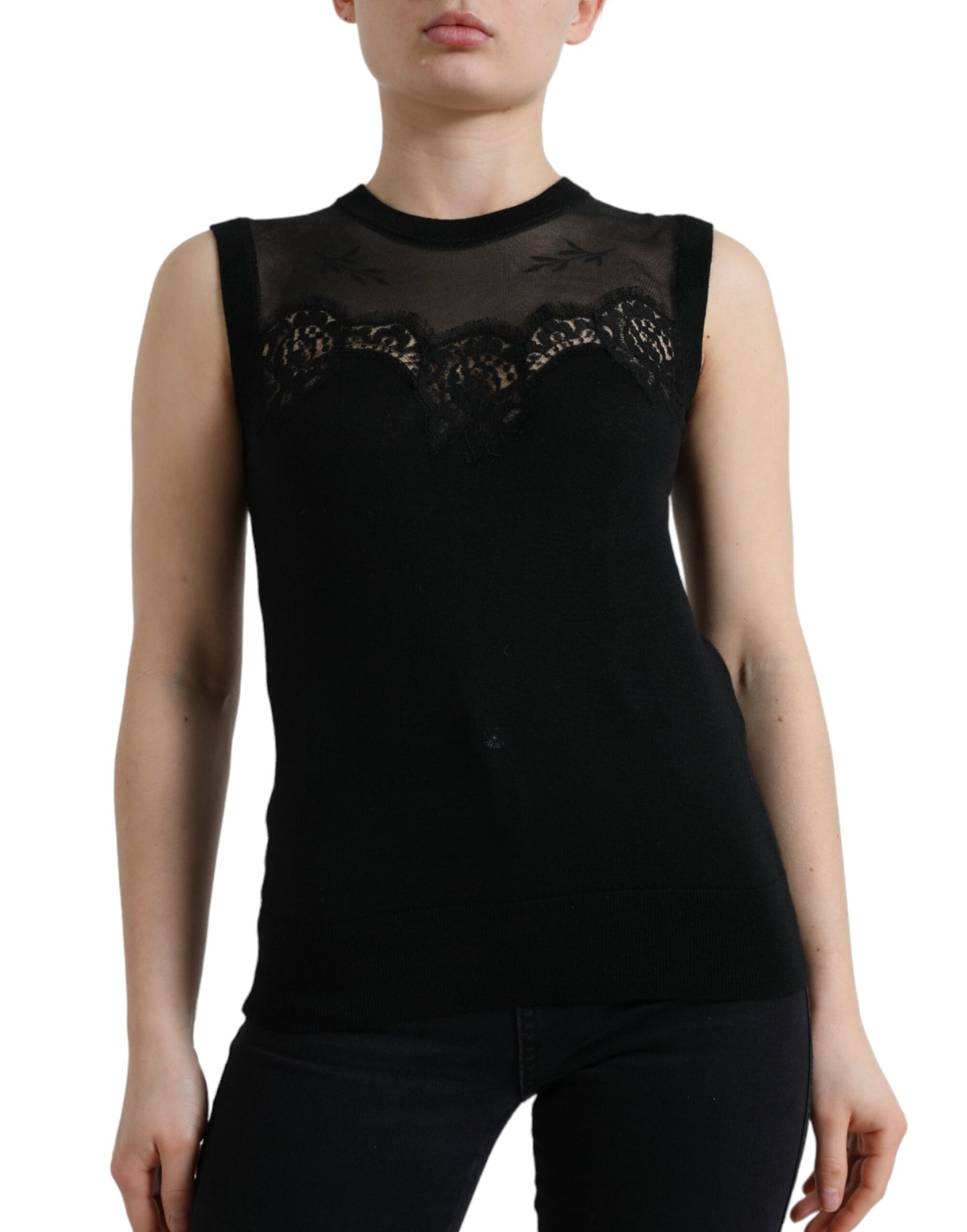 Dolce &amp; Gabbana Elegantes ärmelloses Tanktop mit Spitzenbesatz