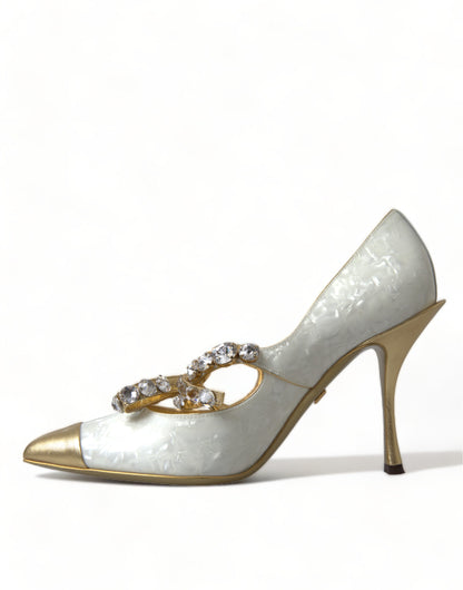 Dolce &amp; Gabbana – Elegante weiße Lack-Pumps mit Kristallschleife