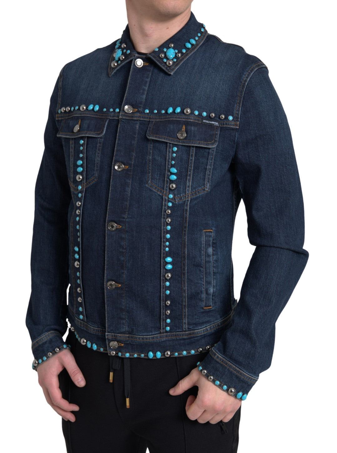 Giacca con borchie di pietre turchesi in denim blu