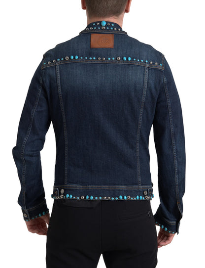 Giacca con borchie di pietre turchesi in denim blu