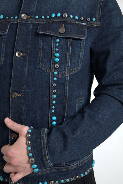 Giacca con borchie di pietre turchesi in denim blu