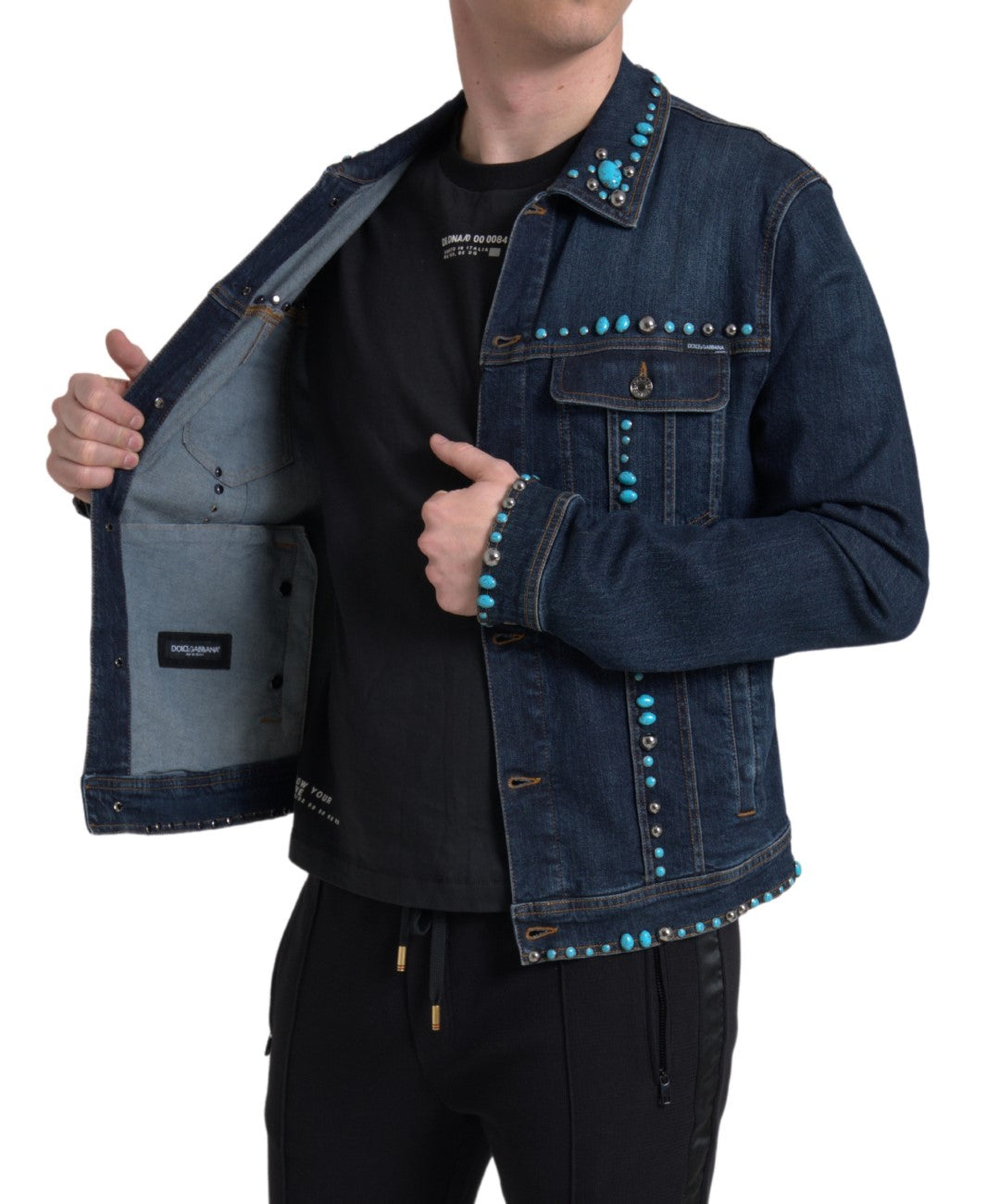 Giacca con borchie di pietre turchesi in denim blu