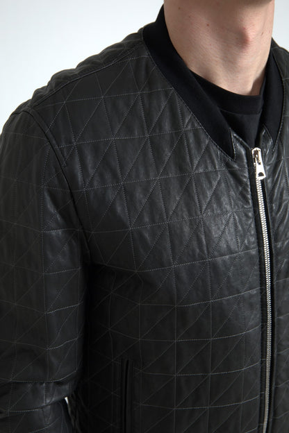 Giubbotto bomber in pelle nera con zip intera