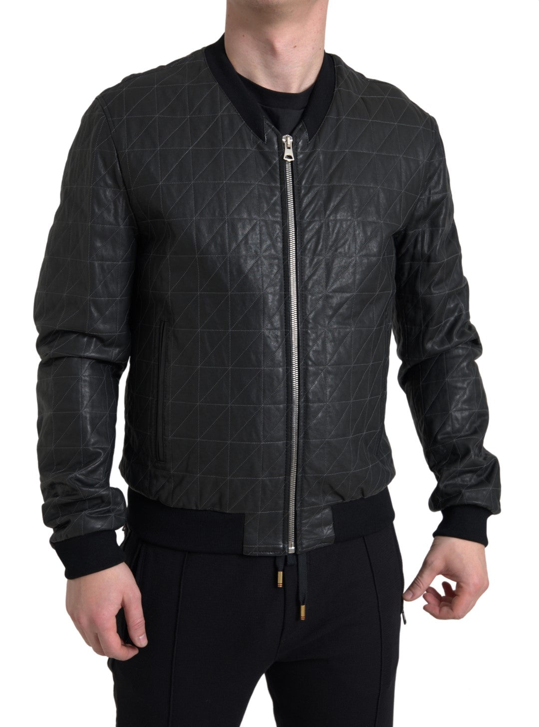 Giubbotto bomber in pelle nera con zip intera