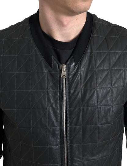 Giubbotto bomber in pelle nera con zip intera