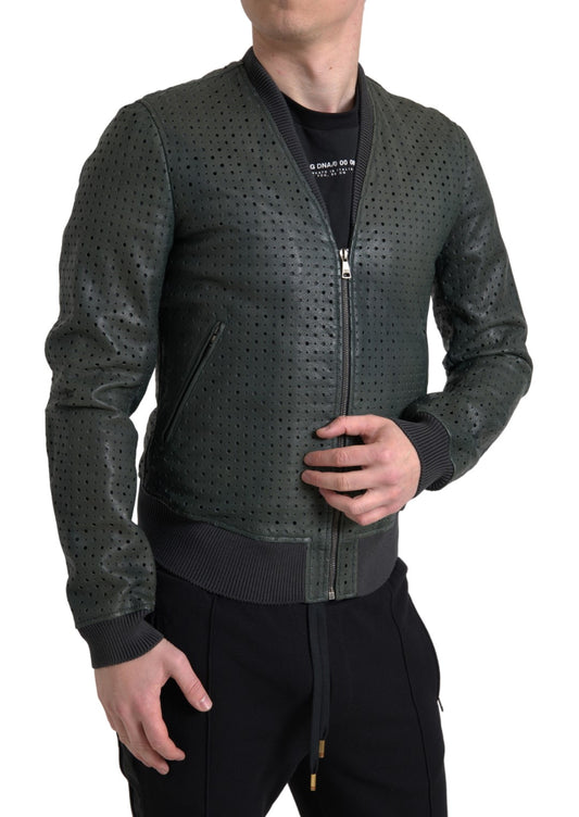 Giubbotto bomber in pelle traforata verde