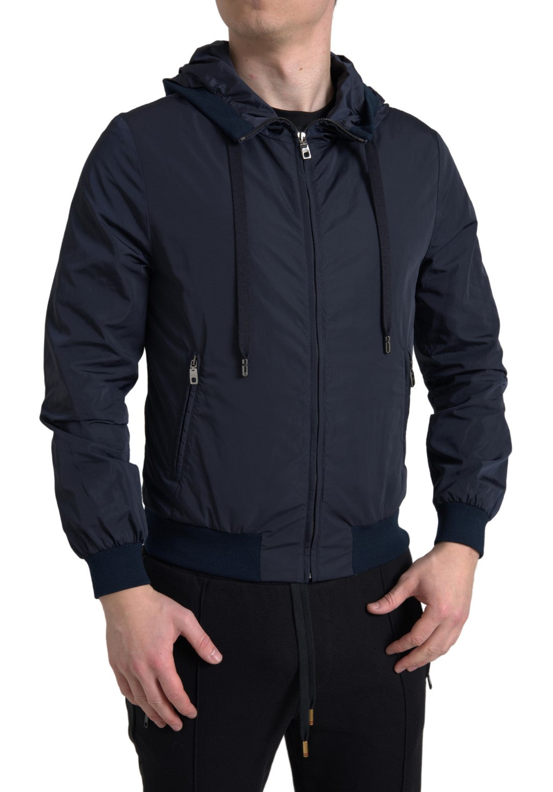 Maglione full zip in poliestere con logo blu con cappuccio