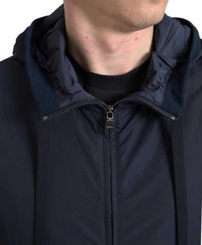 Maglione full zip in poliestere con logo blu con cappuccio