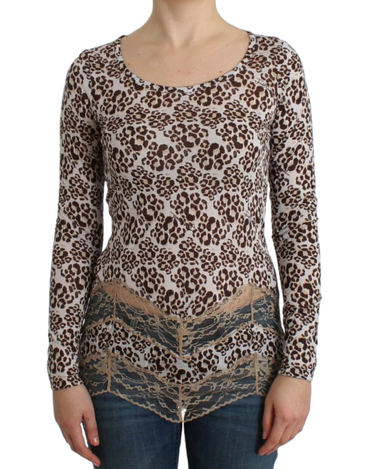 Top in pizzo marrone a maniche lunghe