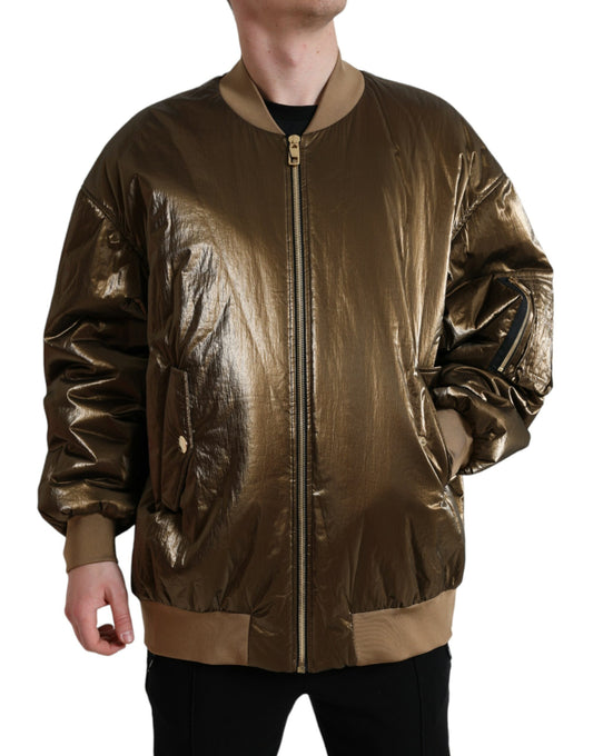 Bomber da uomo con zip intera in nylon bronzo