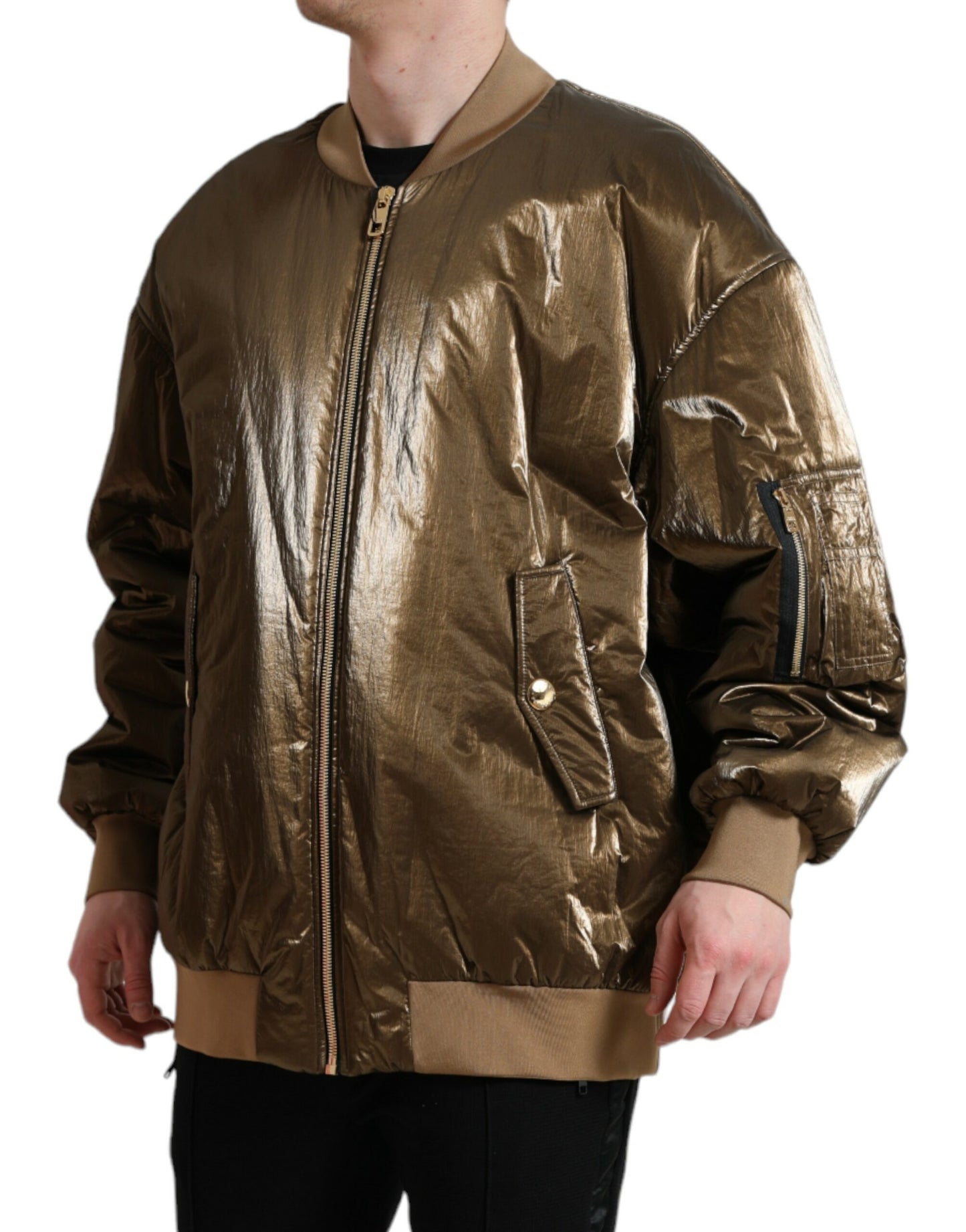 Bomber da uomo con zip intera in nylon bronzo