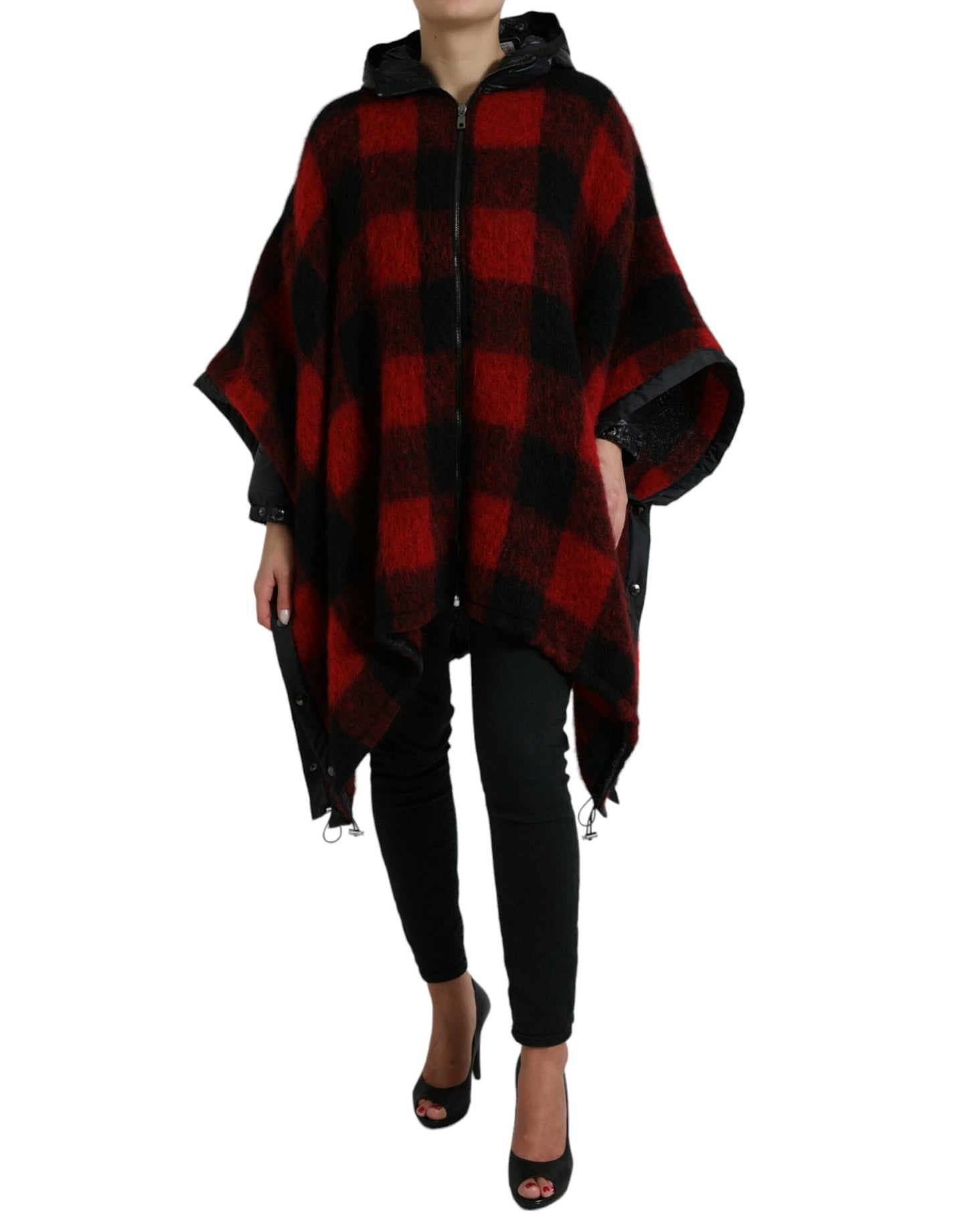 Giacca poncho con cappuccio con motivo Buffalo Check nero rosso