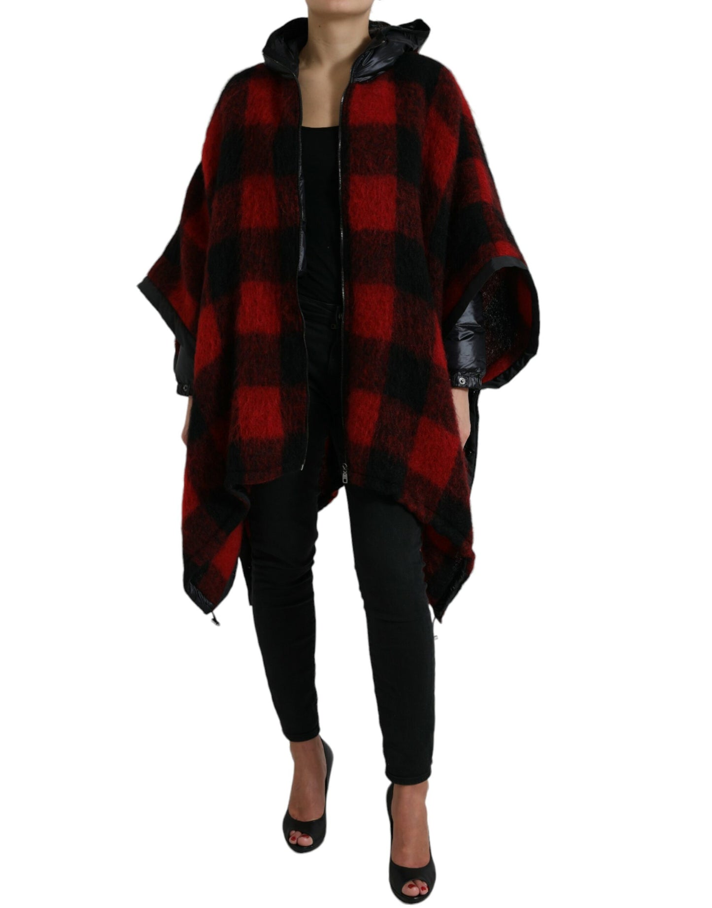 Giacca poncho con cappuccio con motivo Buffalo Check nero rosso