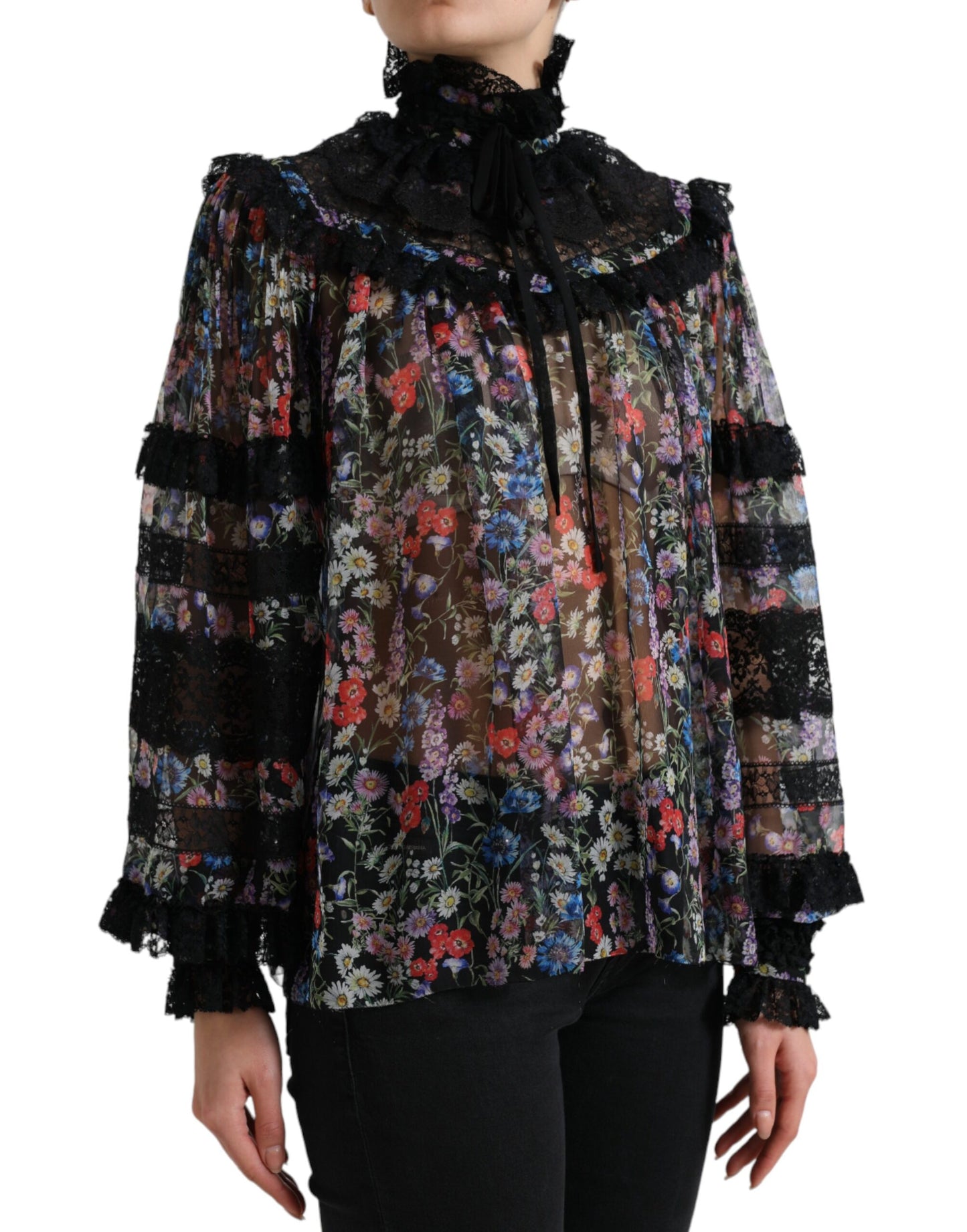 Dolce & Gabbana Elegant Floral Silk Blouse with Lace Trim