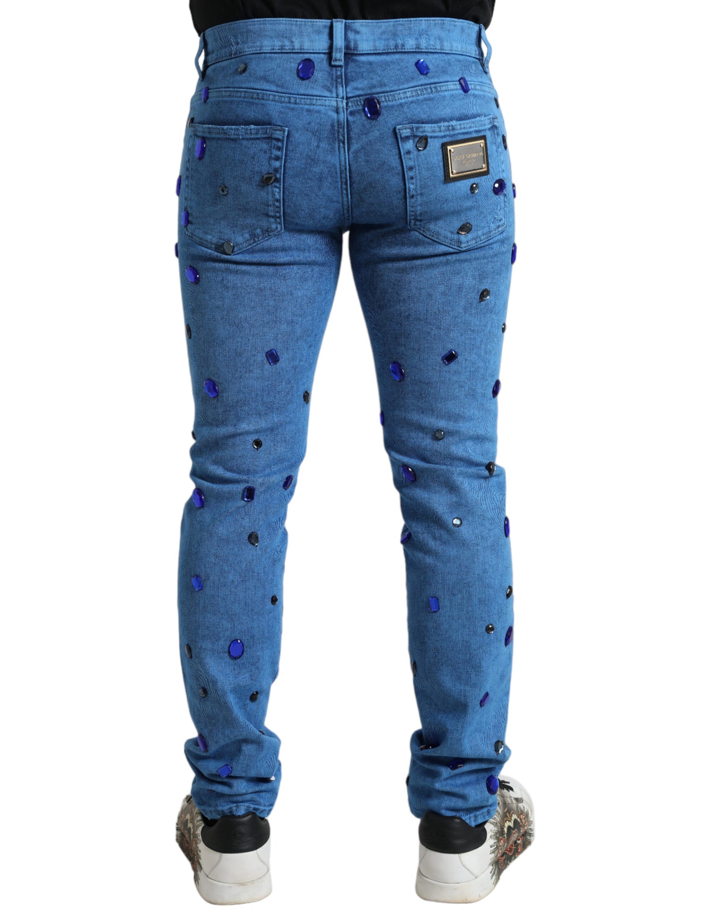 Jeans skinny in denim impreziositi da cristalli blu