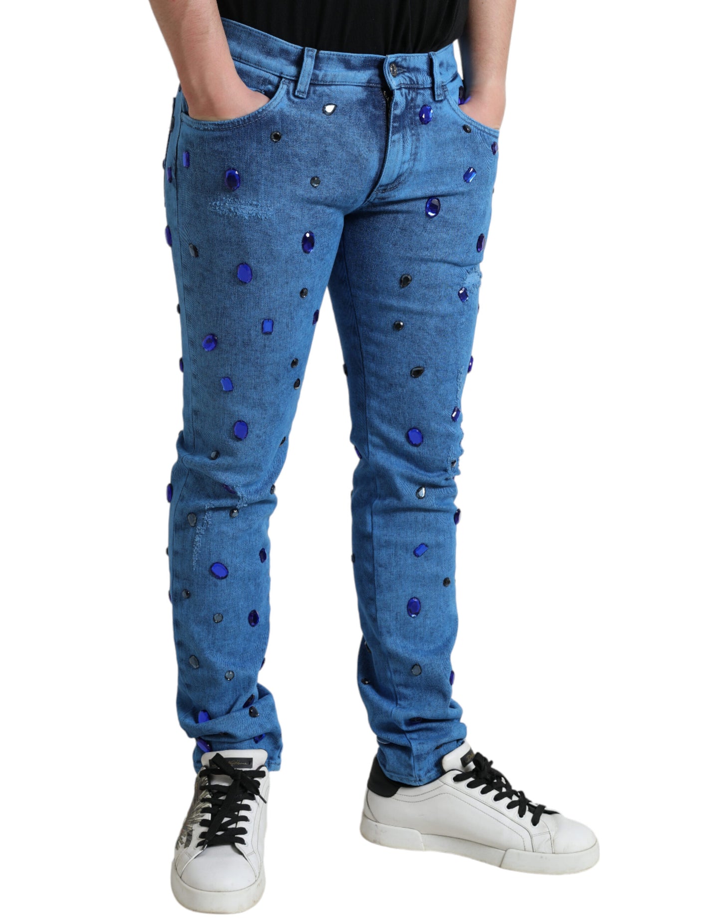 Jeans skinny in denim impreziositi da cristalli blu