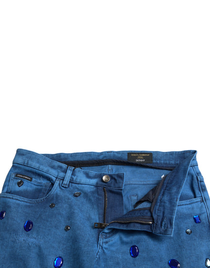 Jeans skinny in denim impreziositi da cristalli blu