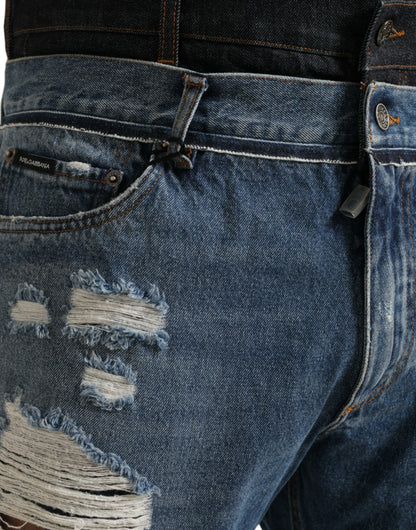 Jeans denim da uomo in cotone stracciato blu