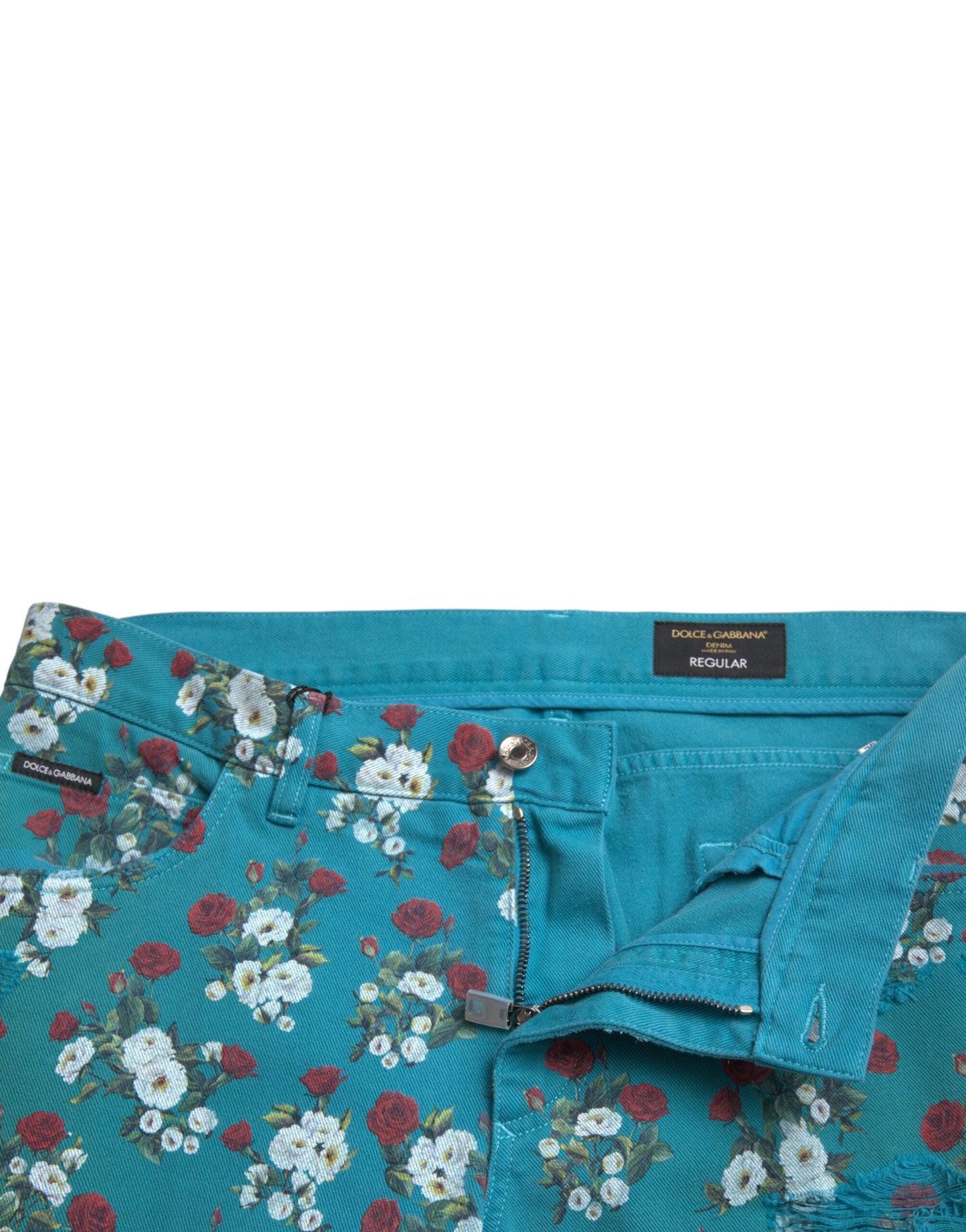 Pantaloni skinny in denim di cotone con stampa floreale blu