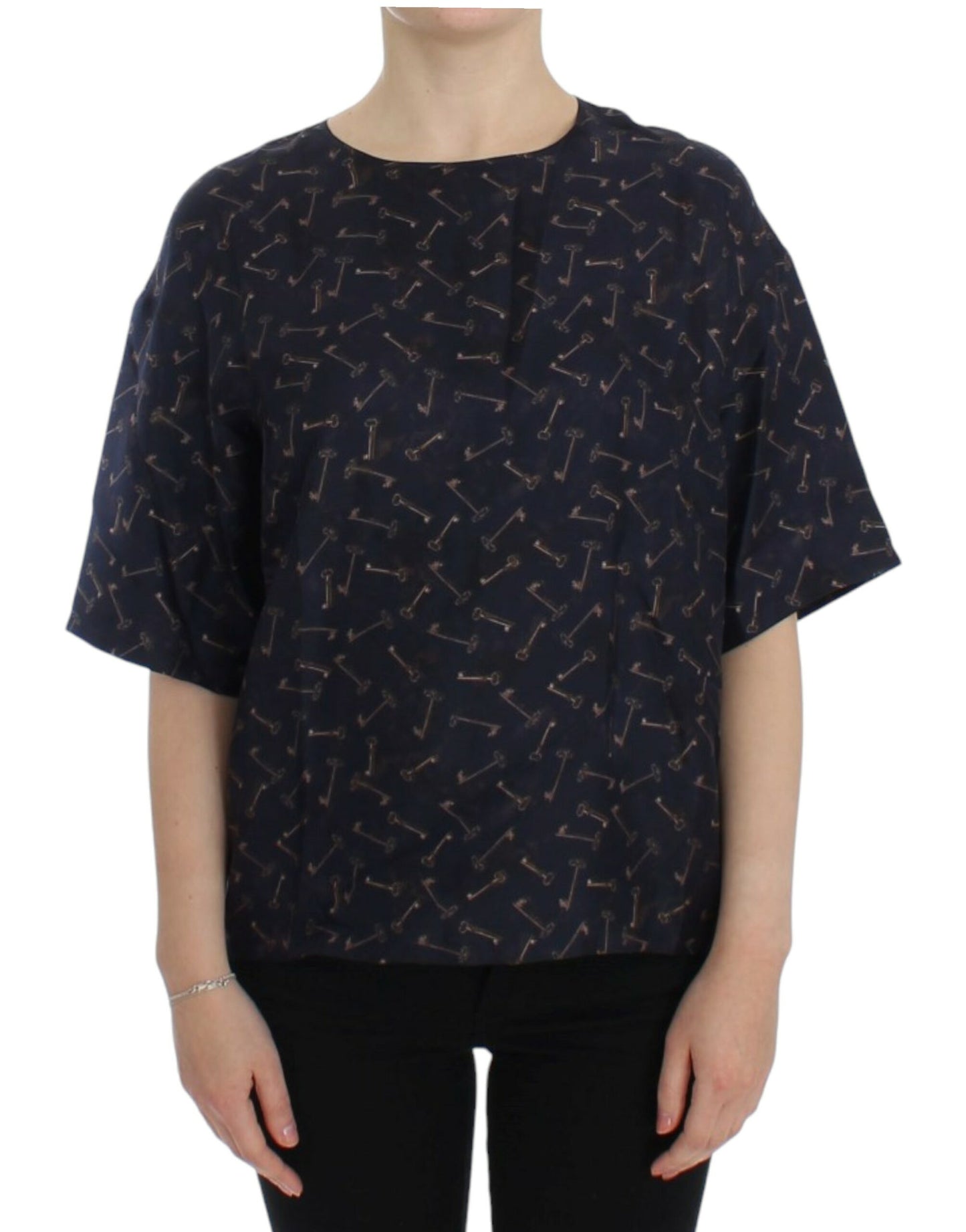 Blouse en soie imprimé clé bleu or