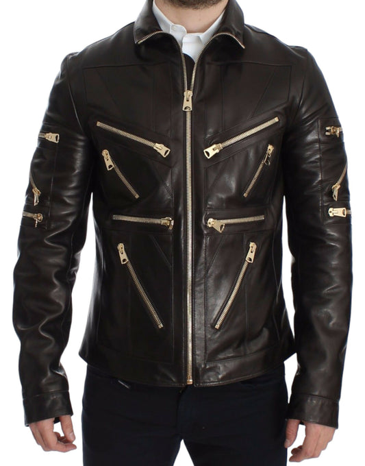 Dolce &amp; Gabbana Elegante braune Lederjacke mit Golddetails