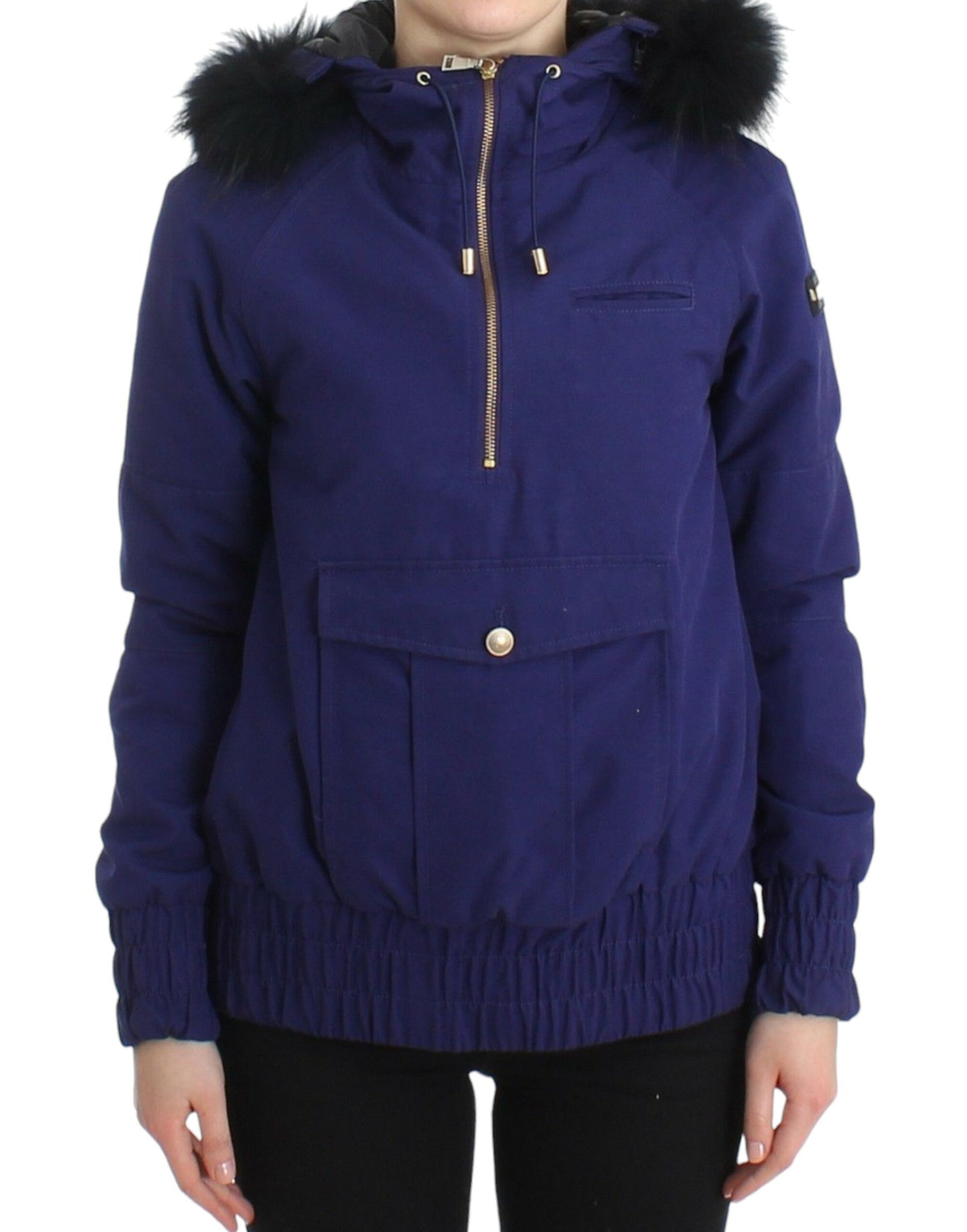 GF Ferre Chic Blue K-Way Jacket with Faux Fur Accent