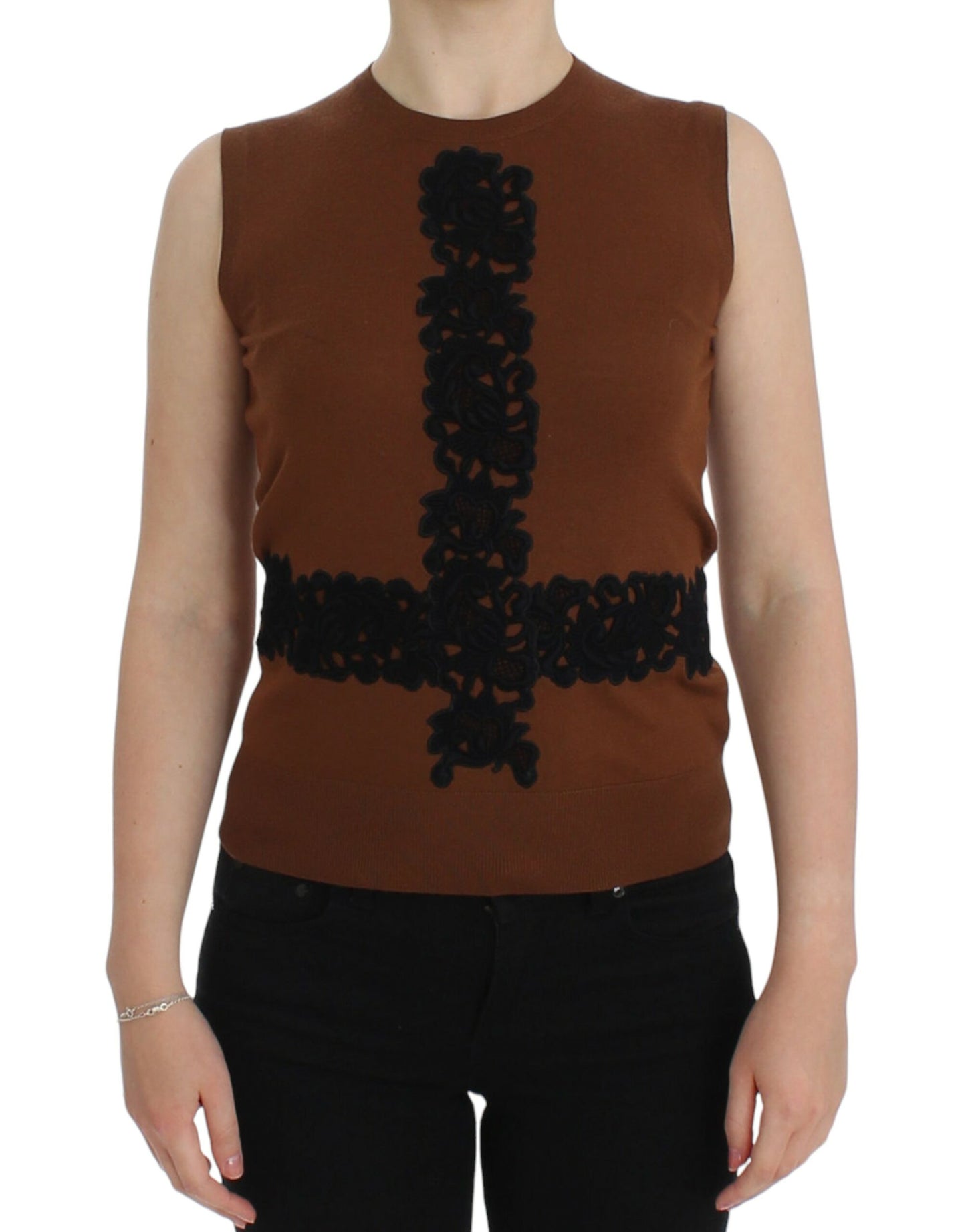 Top in maglione con gilet in pizzo nero di lana marrone