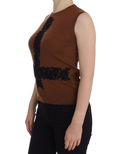 Haut pull en laine marron et dentelle noire