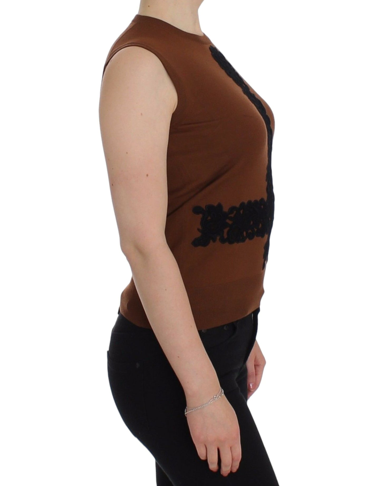 Haut pull en laine marron et dentelle noire