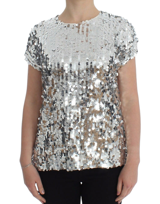 Top t-shirt camicetta girocollo con paillettes argento