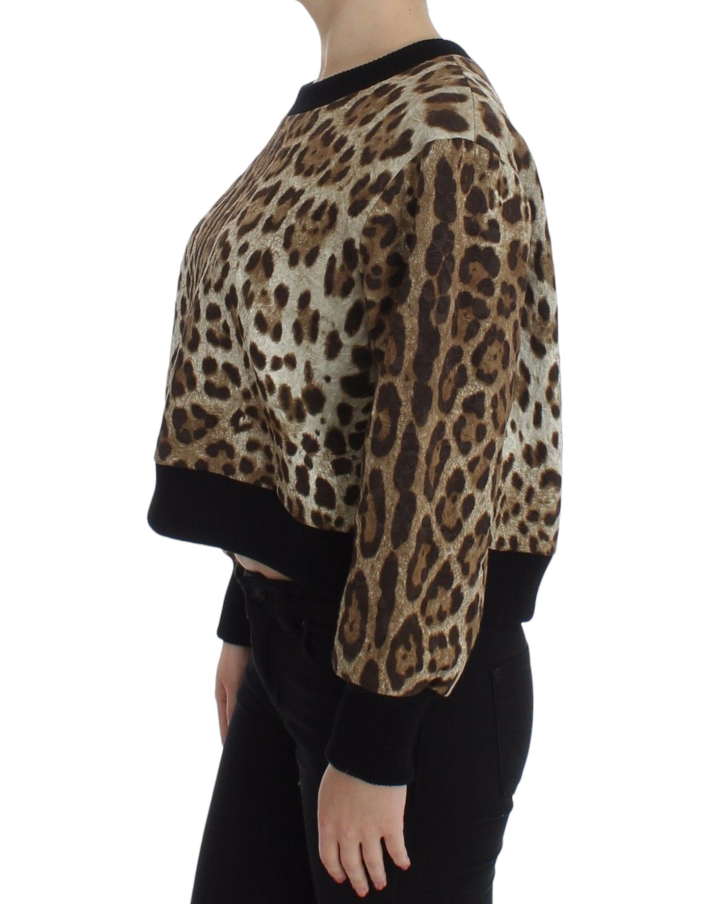 Maglione corto girocollo con stampa leopardata