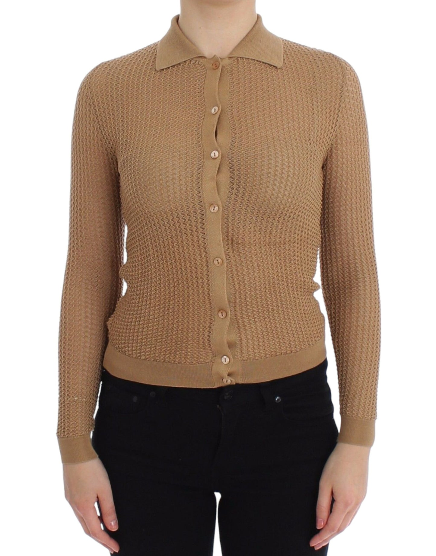 Beige gestrickter Polo-Cardigan aus Baumwolle