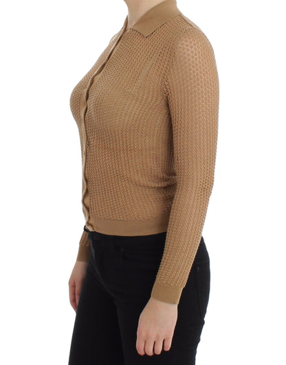 Beige gestrickter Polo-Cardigan aus Baumwolle