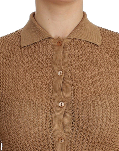 Beige gestrickter Polo-Cardigan aus Baumwolle