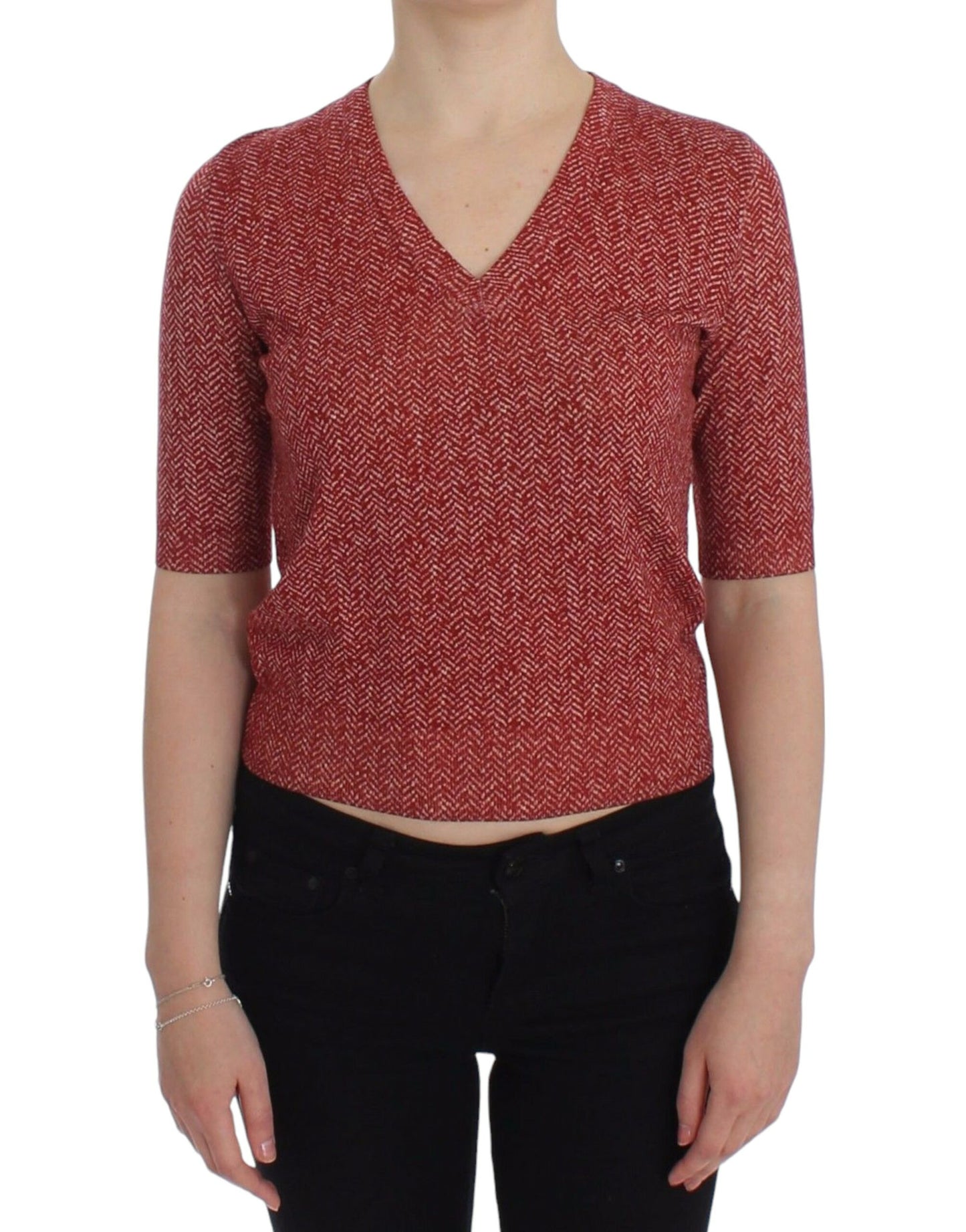 Pull à manches courtes en laine tweed rouge