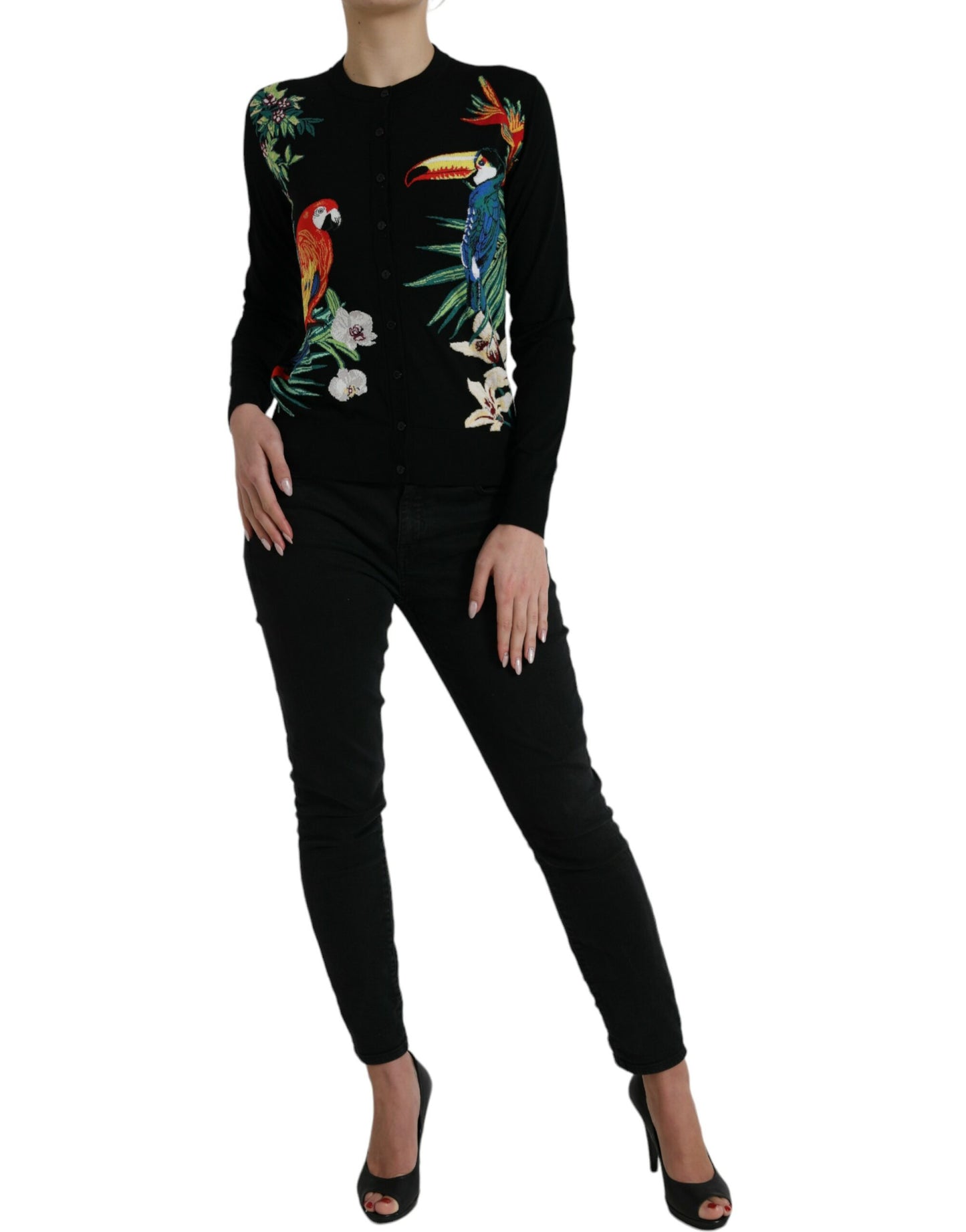 Dolce &amp; Gabbana Eleganter Cardigan-Pullover aus bedruckter Wolle und Seide