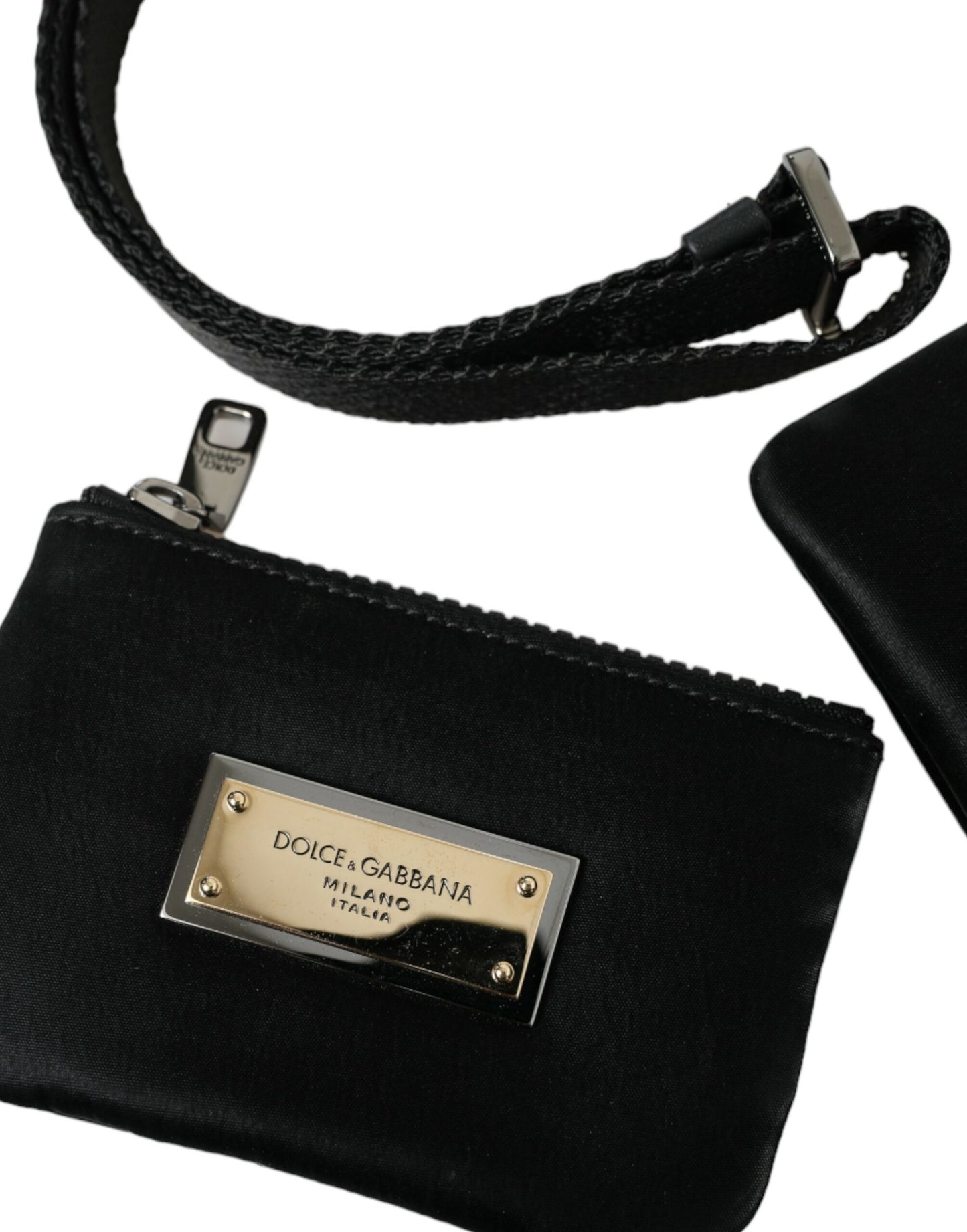 Dolce &amp; Gabbana Elegante schwarze Nylon-Ledertasche mit silbernen Details