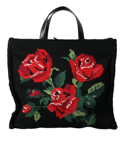 Dolce &amp; Gabbana – Schicke schwarze Tragetasche mit Blumenstickerei