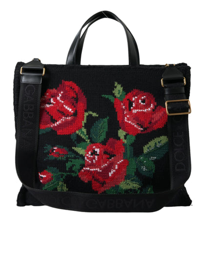 Dolce &amp; Gabbana – Schicke schwarze Tragetasche mit Blumenstickerei