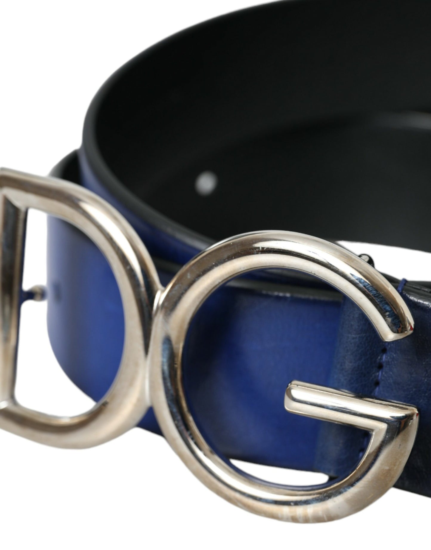 Dolce &amp; Gabbana - Gürtel aus blauem Leder mit silberner Metallschnalle und Logo