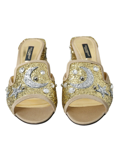 Dolce &amp; Gabbana Gold Pailletten Leder Heels Sandalen Schuhe