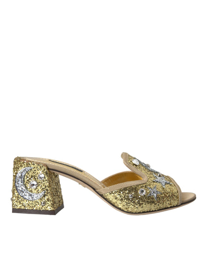 Dolce &amp; Gabbana Gold Pailletten Leder Heels Sandalen Schuhe