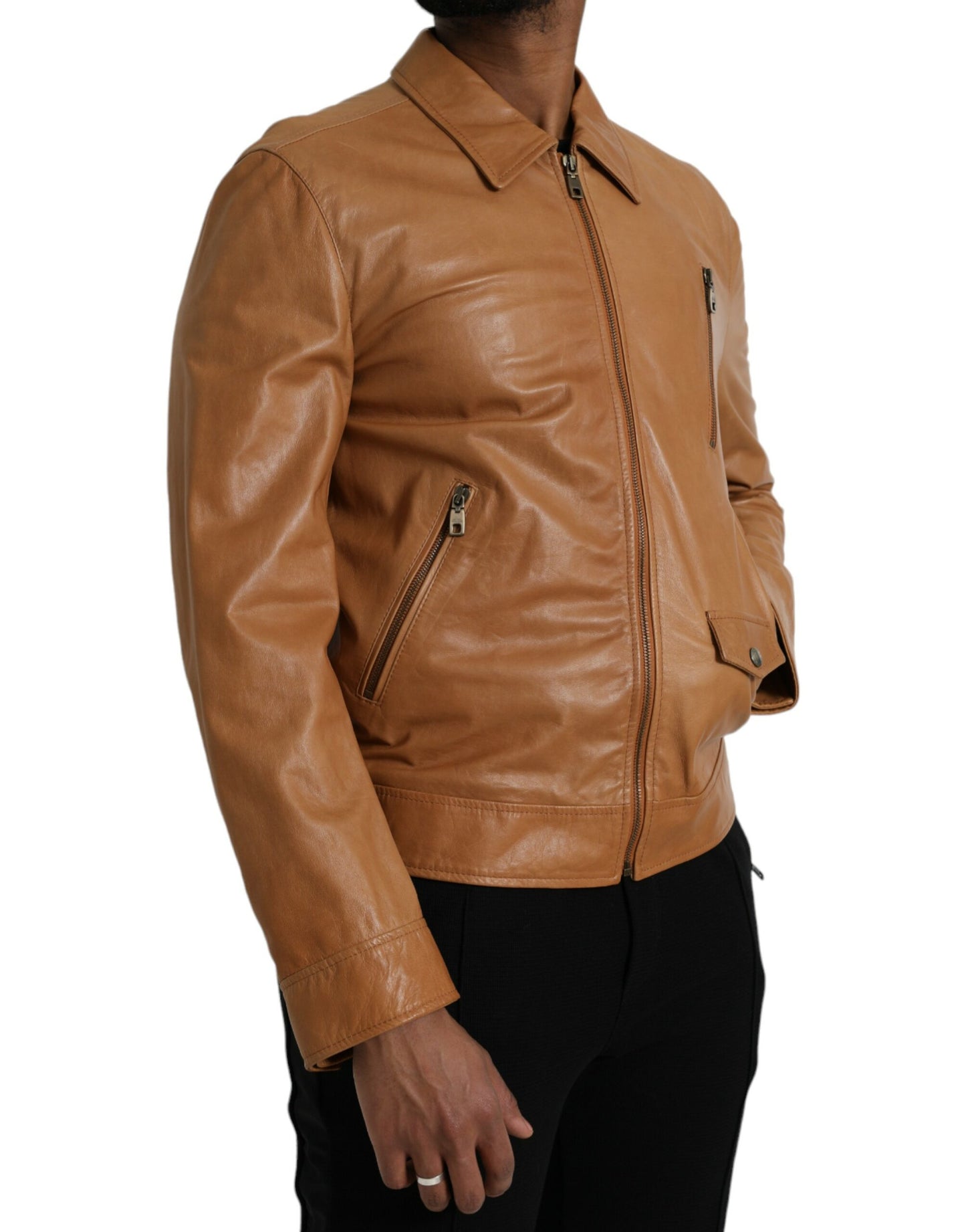 Dolce & Gabbana Brown Lamb Leather Full Zip Blouson Jacket