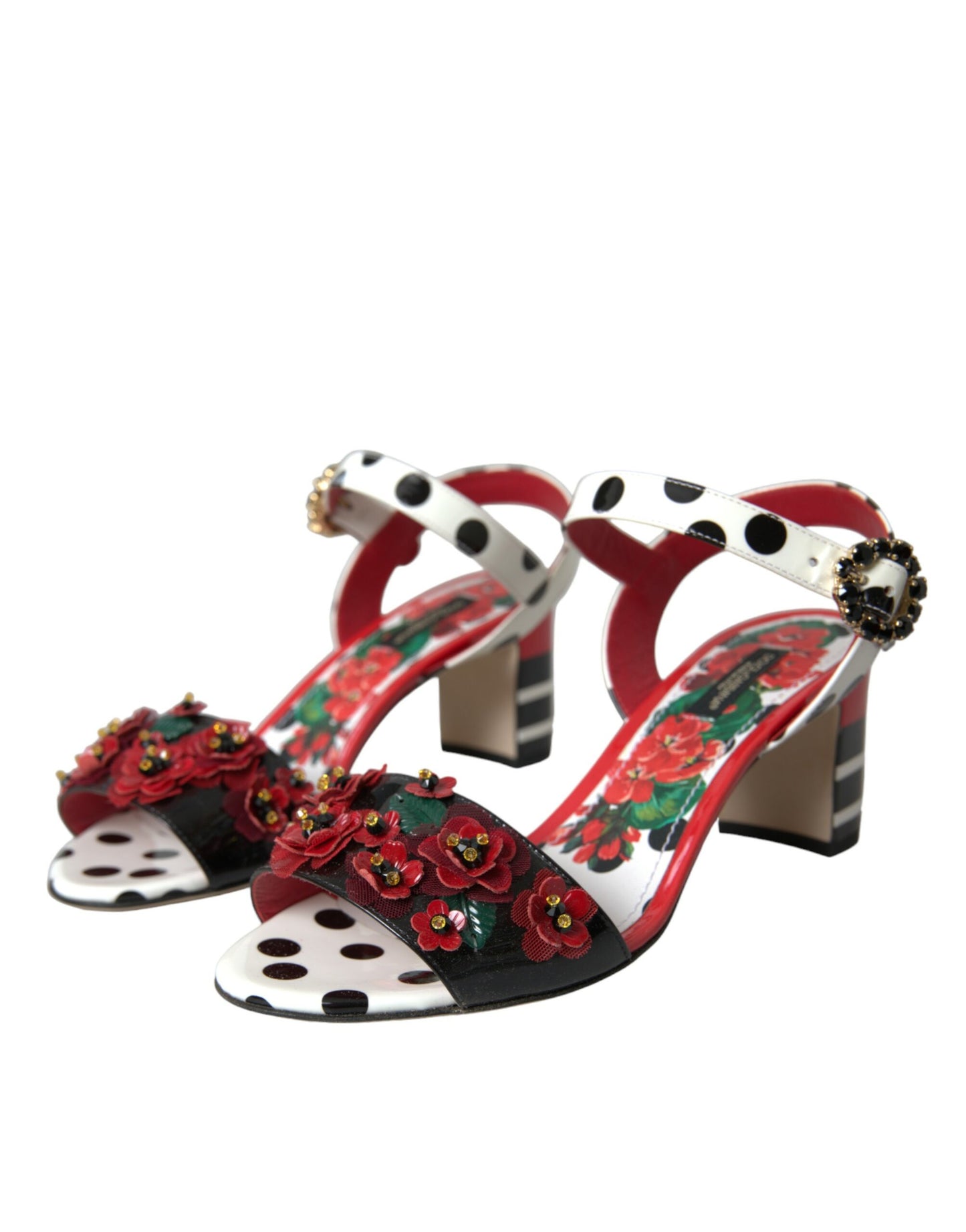 Dolce &amp; Gabbana Sandalen aus Leder mit Blumenmuster und Kristallen in Mehrfarbig