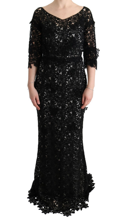 Robe longue noire à fleurs en soie et coton