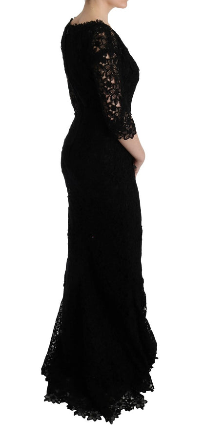 Robe fourreau longue noire à fleurs Ricamo