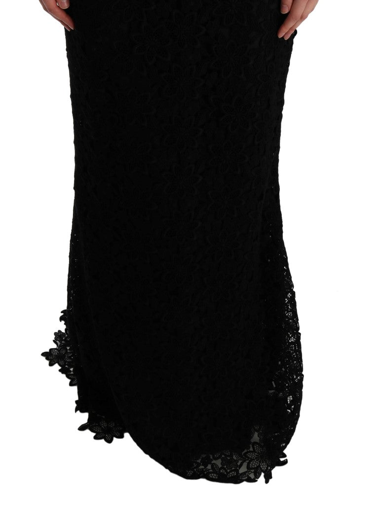 Robe fourreau longue noire à fleurs Ricamo