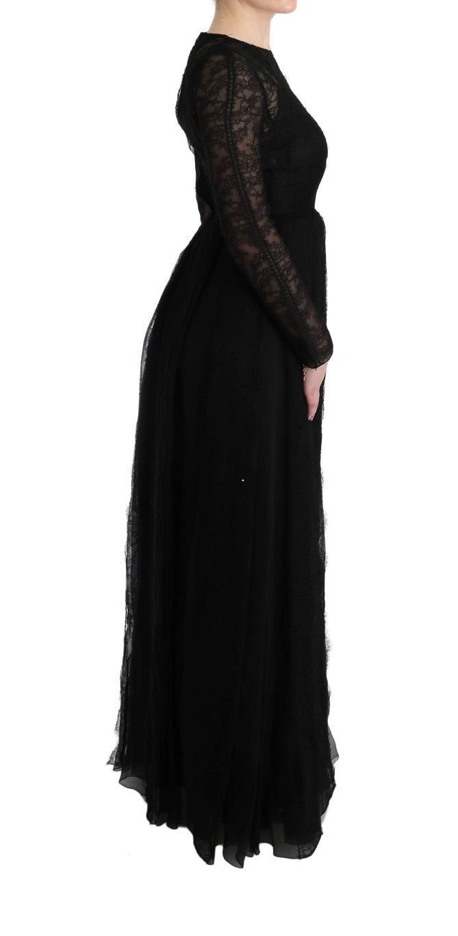 Robe fourreau en soie et dentelle florale noire