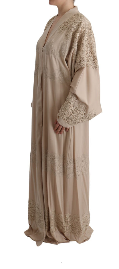 Abito caftano in pizzo con applicazioni floreali beige